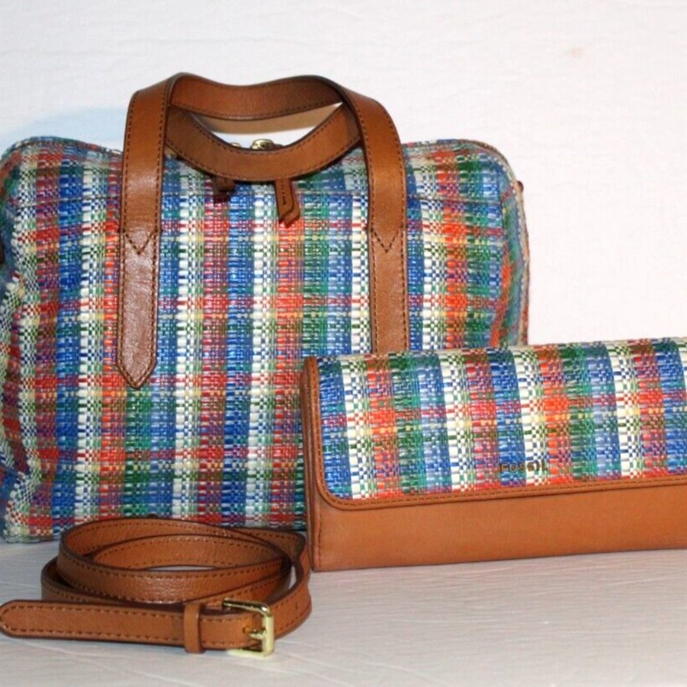 FOSSIL SYDNEY SATCHEL MULTI COLOR TWEED W/DETACHABLE ADJUSTABLE STRAP & WALLET